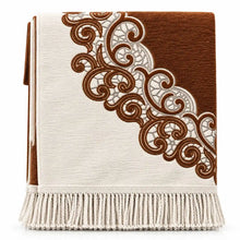 Load image into Gallery viewer, Bronze Islamic prayer mat with ornate traditional decorative pattern and fringe