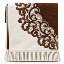 Load image into Gallery viewer, Brown Islamic prayer mat with ornate traditional decorative pattern and fringe