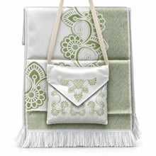 تحميل الصورة إلى عارض المعرض، Green Islamic prayer mat with matching carry bag and ornate traditional design