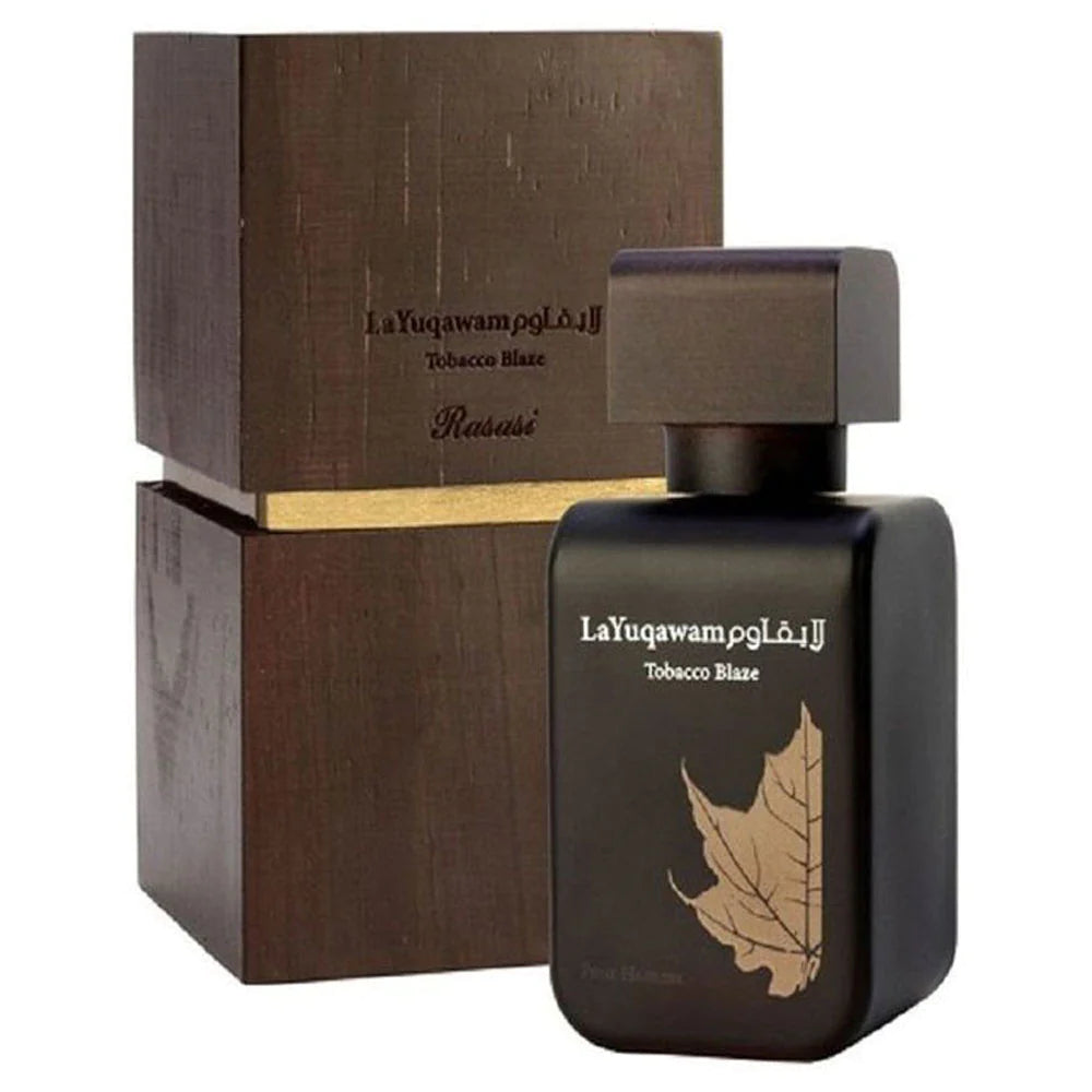 la yuqawam tobacco blaze for Men EDP - 75 ML (2.5 oz) by Rasasi featuring intoxicating white floral notes of lily of the valley and neroli La Yuqawam Tobacco Blaze by