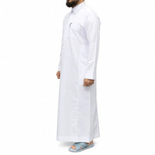 Load image into Gallery viewer, Men’s white Saudi-style thobe with shirt collar, front button closure and chest pocket