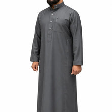Lade das Bild in den Galerie-Viewer, Men’s winter grey thobe with a mandarin collar, front buttons, long sleeves, and a chest pocket.