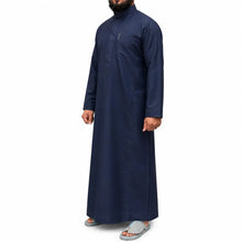 Lade das Bild in den Galerie-Viewer, Men’s winter navy blue thobe with a mandarin collar, concealed front closure, long sleeves, and a chest pocket.