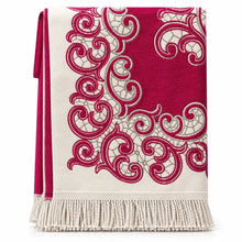 Load image into Gallery viewer, Red Islamic prayer mat with ornate traditional decorative pattern and fringe