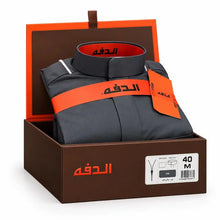 Lade das Bild in den Galerie-Viewer, Dark grey Daffah TR8 boys’ winter thobe displayed in its branded brown and orange box, featuring a stand collar and zipper closure.

