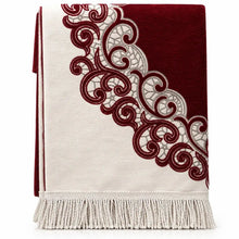 تحميل الصورة إلى عارض المعرض، Burgundy Islamic prayer mat with ornate traditional decorative pattern and fringe
