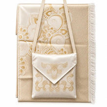 تحميل الصورة إلى عارض المعرض، Gold Islamic prayer mat with matching carry bag and ornate traditional design
