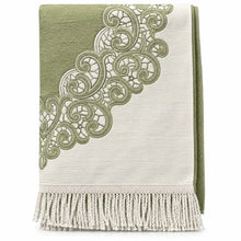 تحميل الصورة إلى عارض المعرض، Green Islamic prayer mat with ornate traditional decorative pattern and fringe

