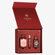 تحميل الصورة إلى عارض المعرض، Lattafa Badee Al Oud Sublime gift set including perfume travel spray and hair mist bottles
