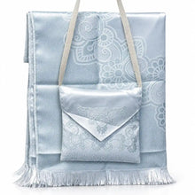 تحميل الصورة إلى عارض المعرض، Light blue Islamic prayer mat with matching carry bag and ornate traditional design
