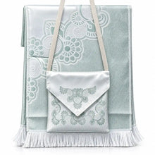 تحميل الصورة إلى عارض المعرض، Light green Islamic prayer mat with matching carry bag and ornate traditional design
