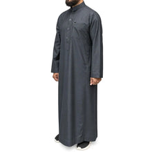 Load image into Gallery viewer, Men’s dark grey thobe with mandarin collar, button front and chest pocket

