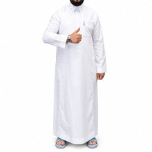 Load image into Gallery viewer, Men’s white Saudi-style thobe with shirt collar, front button closure and chest pocket
