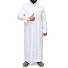 Lade das Bild in den Galerie-Viewer, Men’s white thobe with mandarin collar, button front and chest pocket
