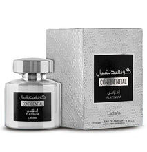 Bild in die Galerieansicht laden: Parfümflasche und Verpackung von Confidential Platinum von Lattafa
